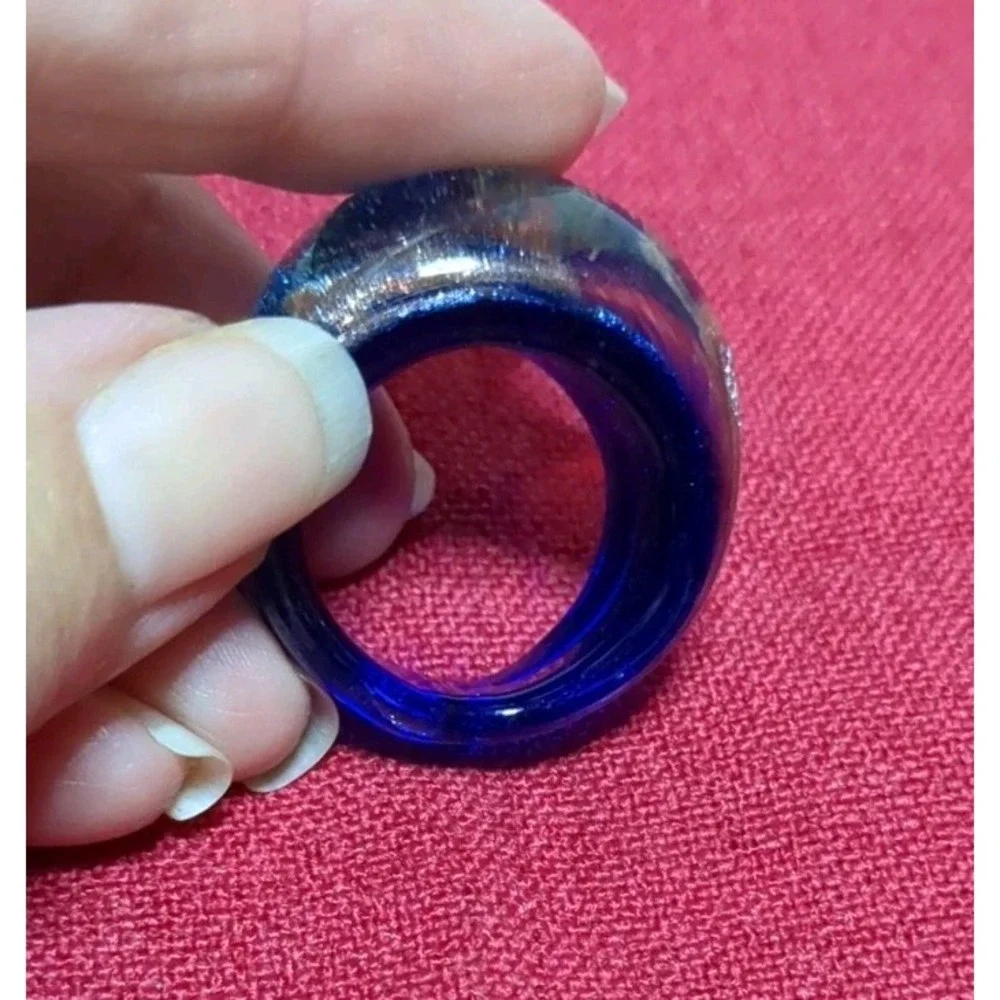 Lucite, Acrylic, Resin Ring Blue With‎ Gold & Green Swirls